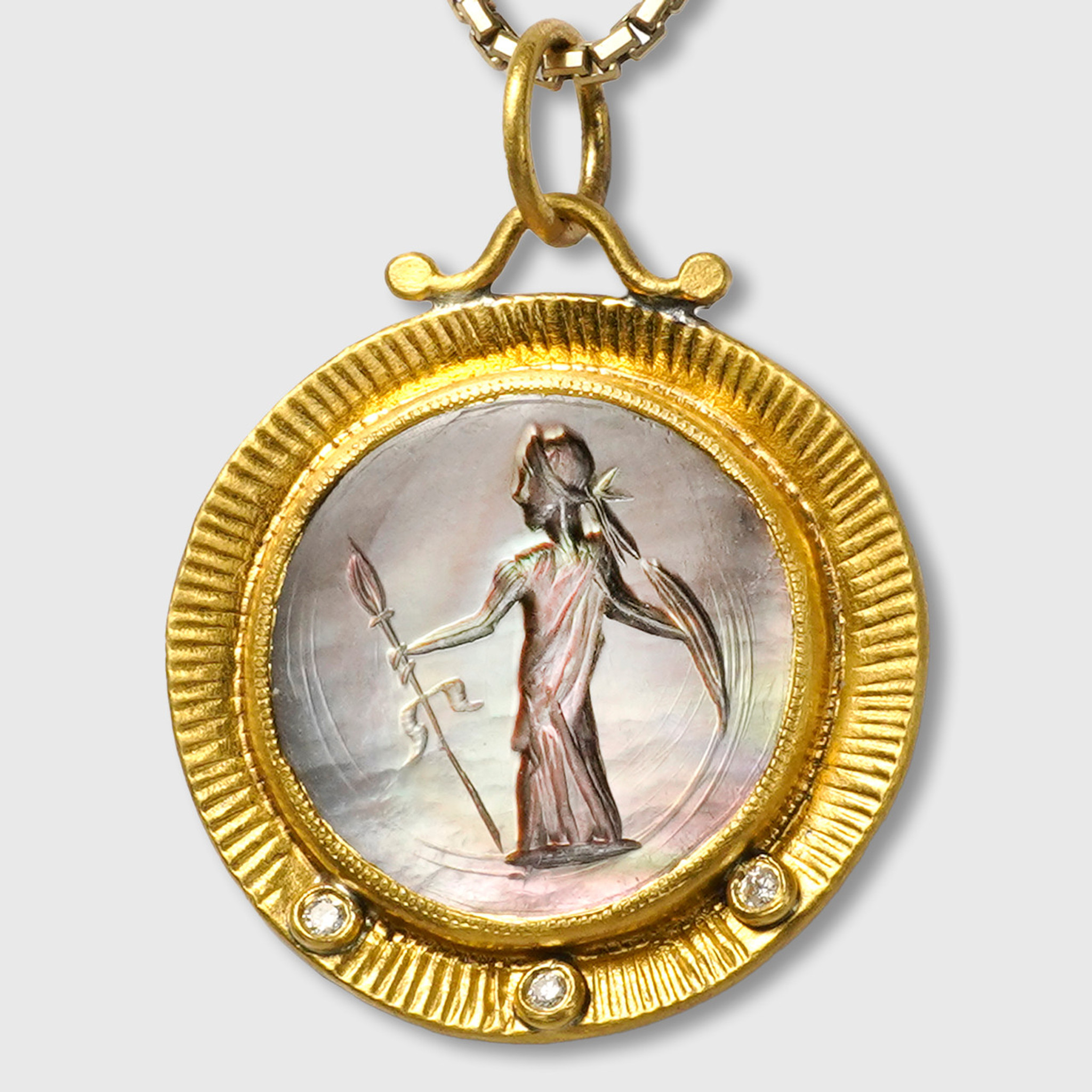 Prehistoric Works Ancient Roman Intaglio Pendant, Poseidon - 24kt Yellow Gold, Mother of Pearl with 0.03ct Diamonds & Silver 