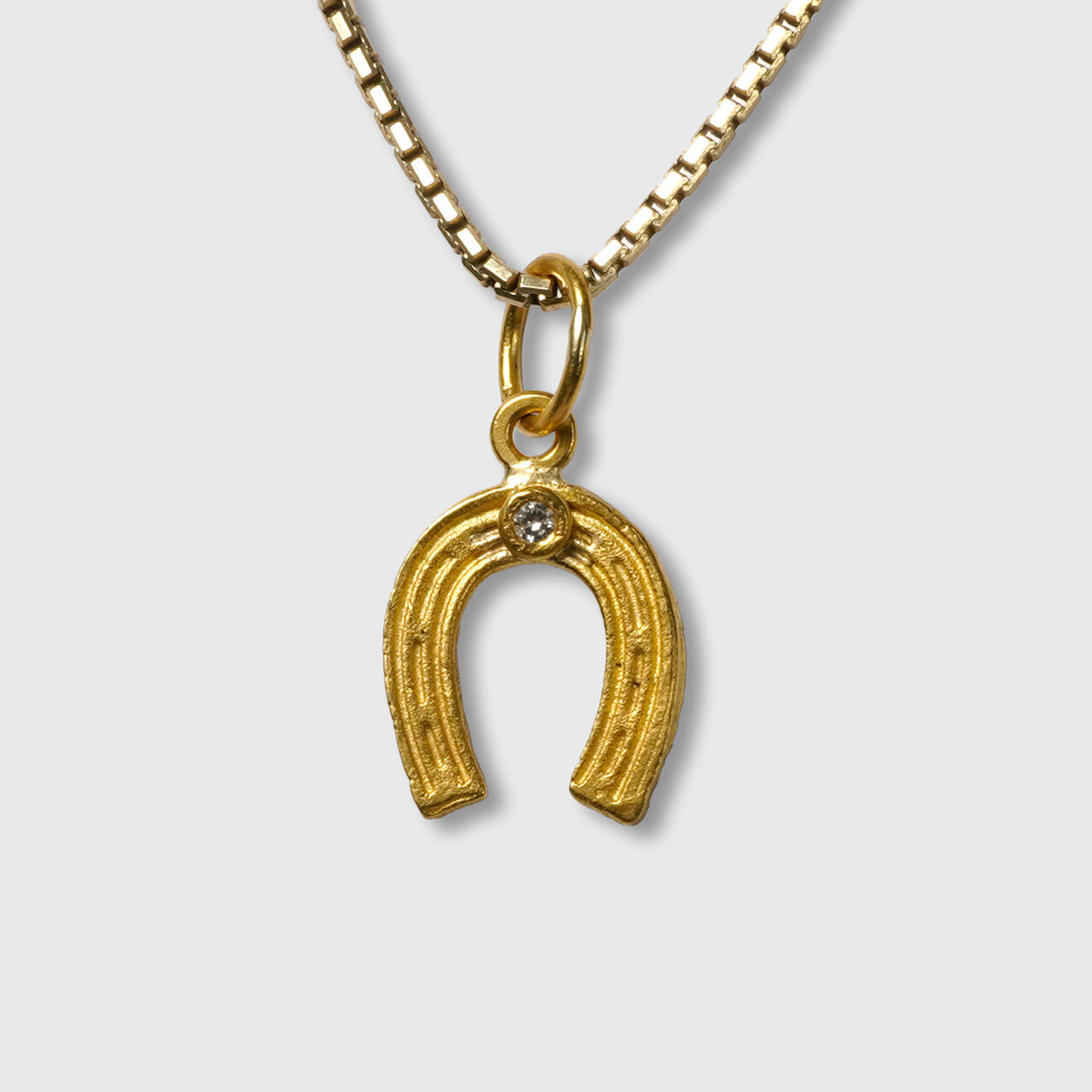 Prehistoric Works Lucky Horse Shoe Charm Pendant, Solid 24K Gold and 0.02ct Diamond 