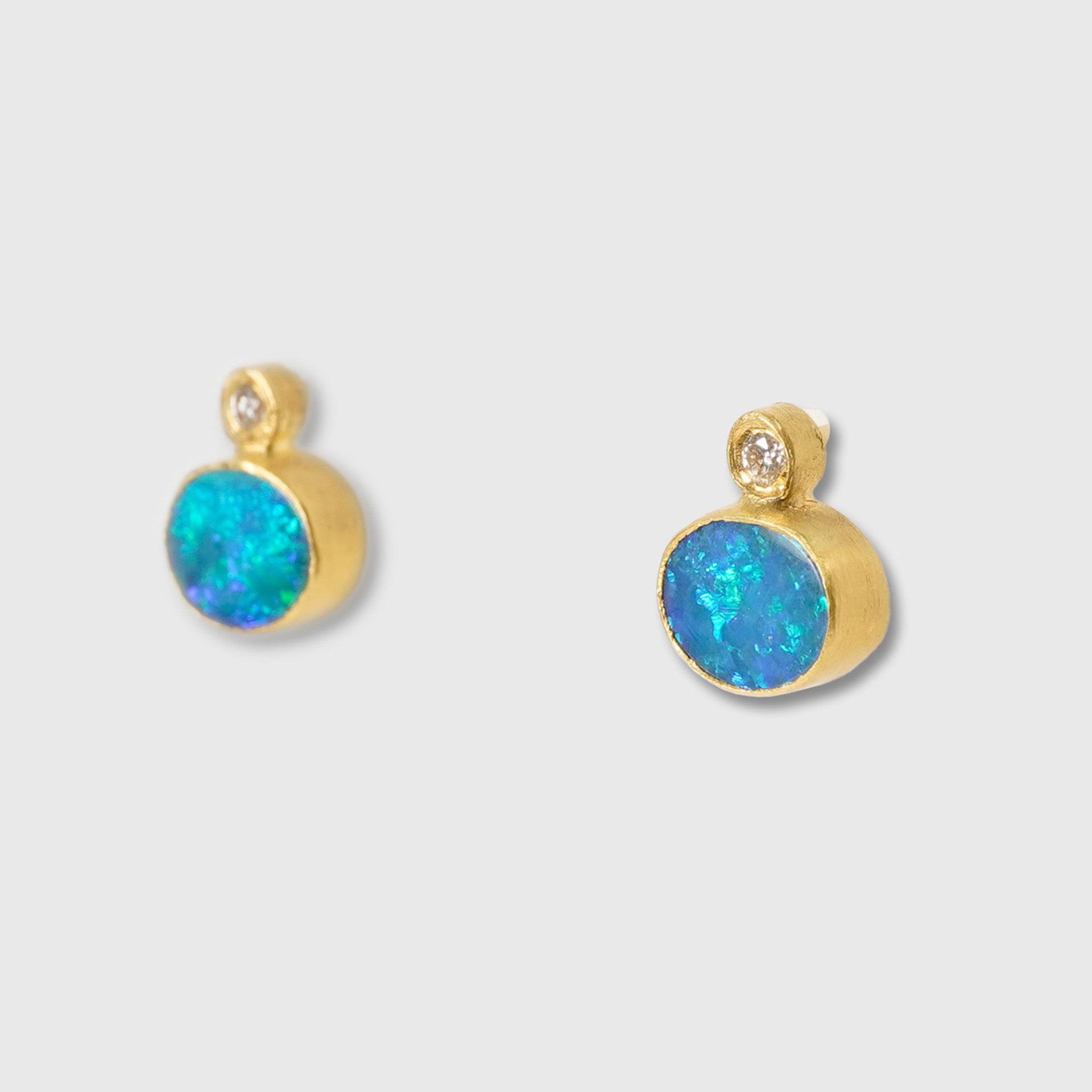 Kurtulan Oval Australian Opal and Diamond Earrings, Solid 24K Gold 