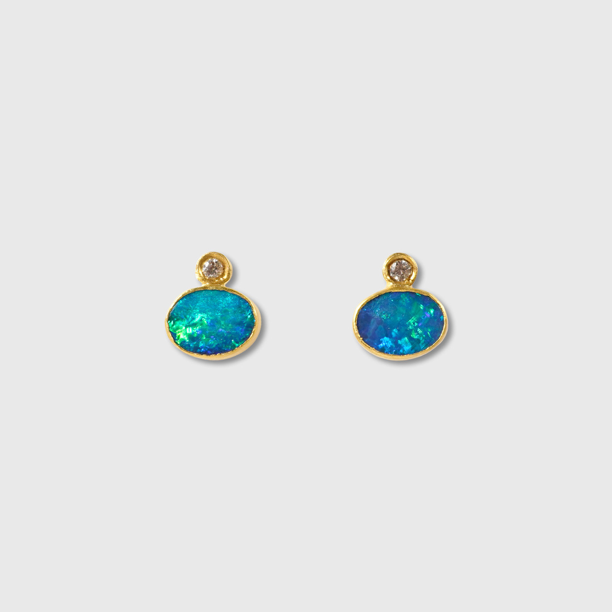 Kurtulan Oval Australian Opal and Diamond Earrings, Solid 24K Gold 