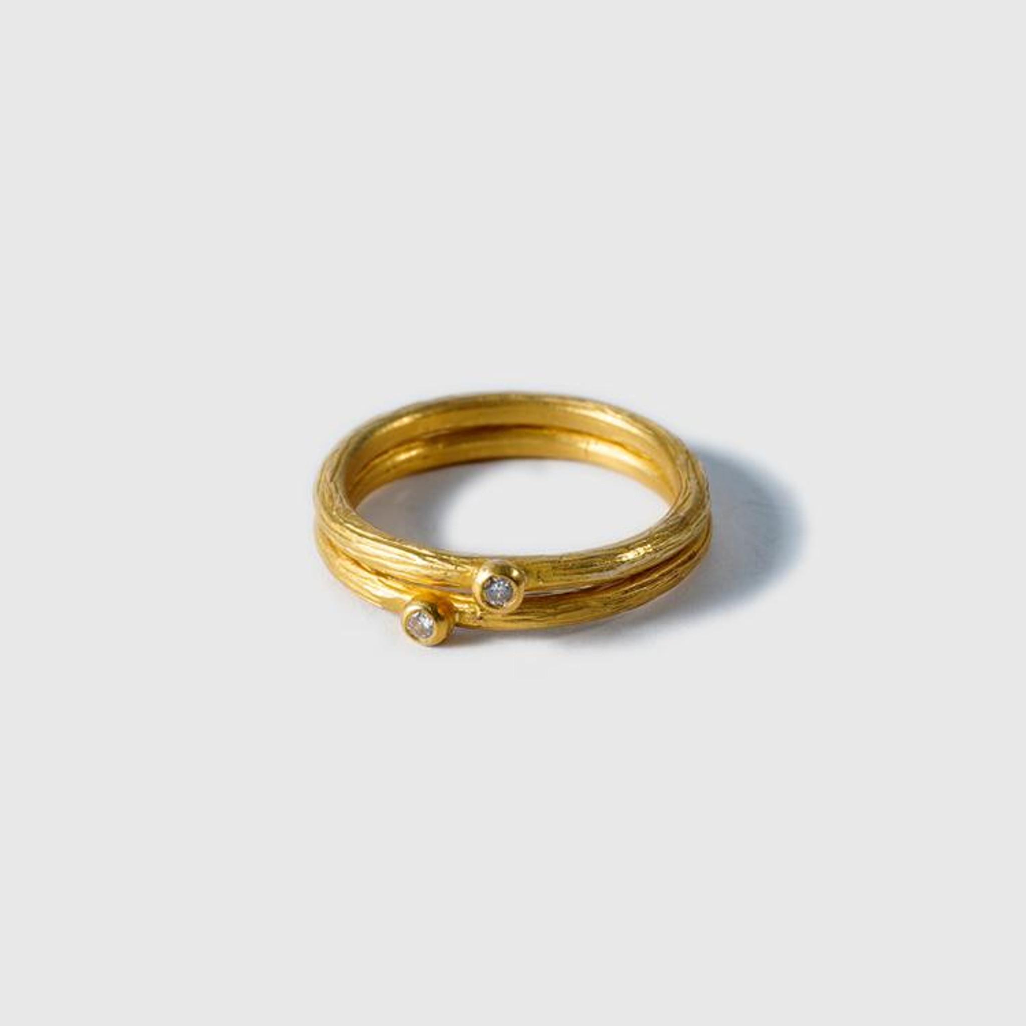 Prehistoric Works 24K Solid Gold Textured Stacker Ring with Solitaire Diamond 