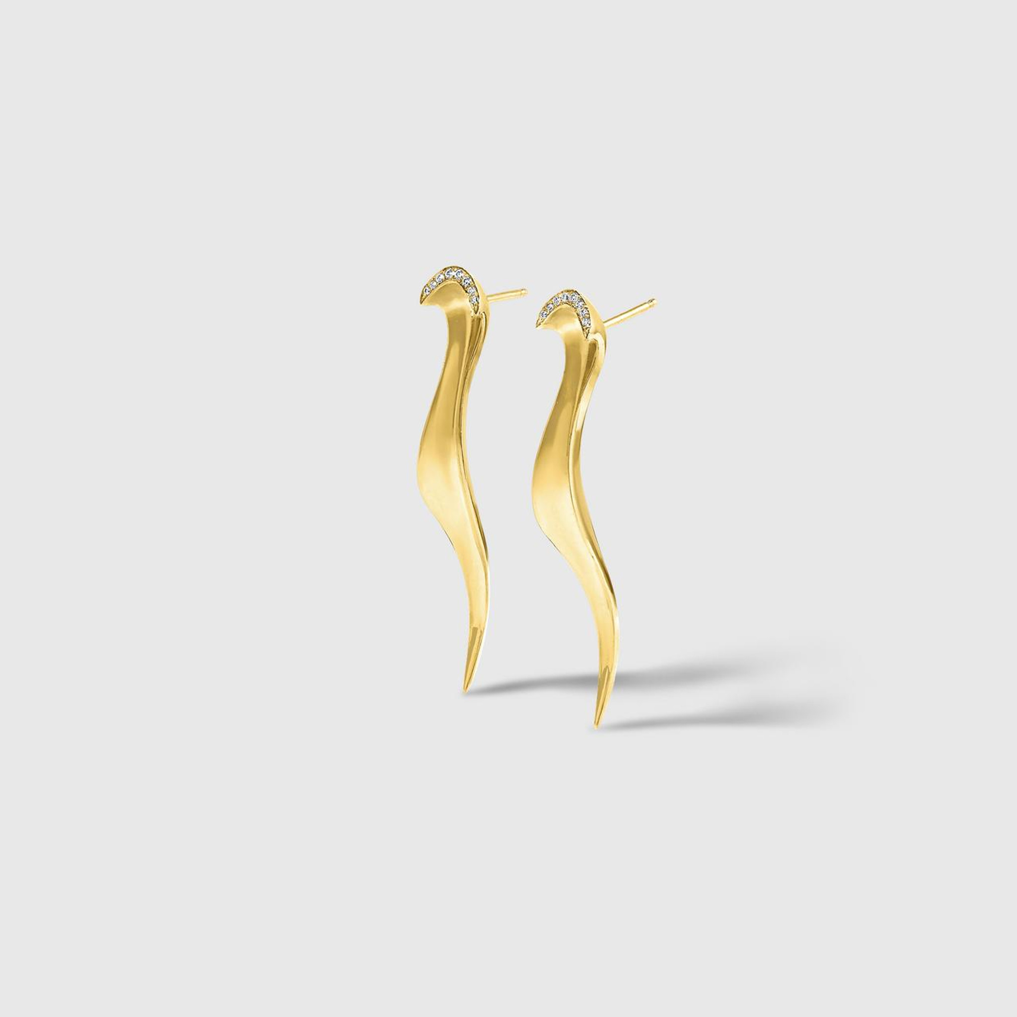Couture "Persephone" Earrings, 18K yellow gold, contemporary, sculptural earrings by Ashley Childs. 18K Yellow Gold, 1.75” in length. 18Kt yellow gold posts and backs. 0.08 carats of graduated pavé diamonds. Perfect for day or night.