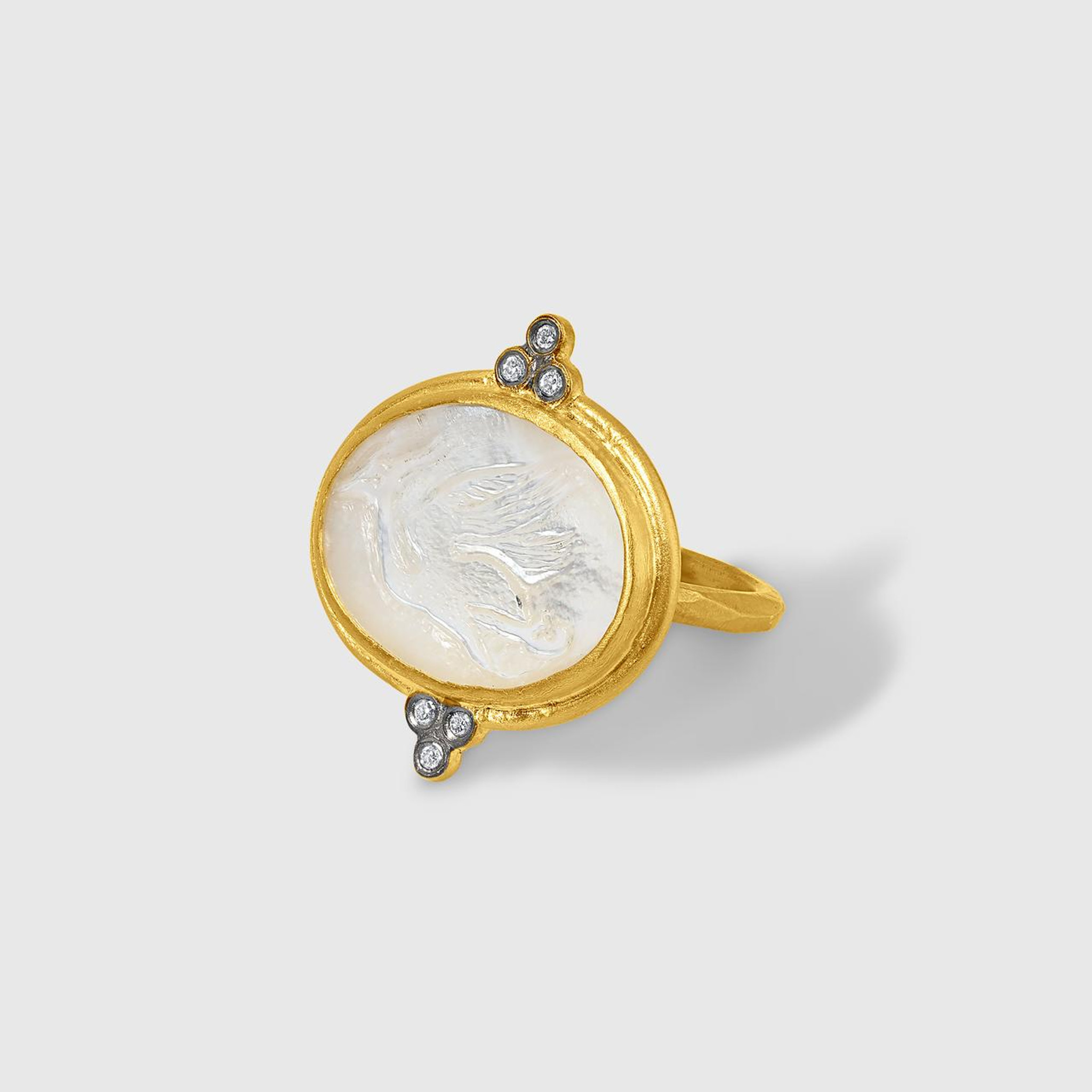 Mother of Pearl, Carved Crane Motif Statement Ring with Diamonds, 24kt Yellow Gold and Sterling Silver by Kurtulan of Istanbul, Turkey