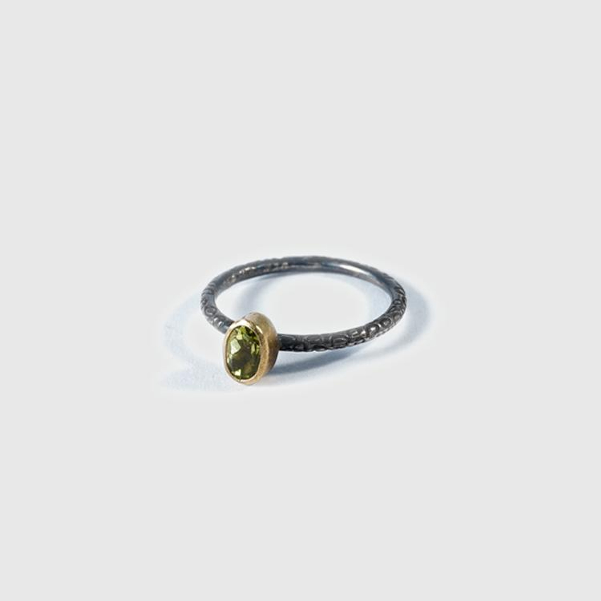 Prehistoric Works Bright Green, Oval Peridot Ring, 24kt Gold and Textured Sterling Silver Band 