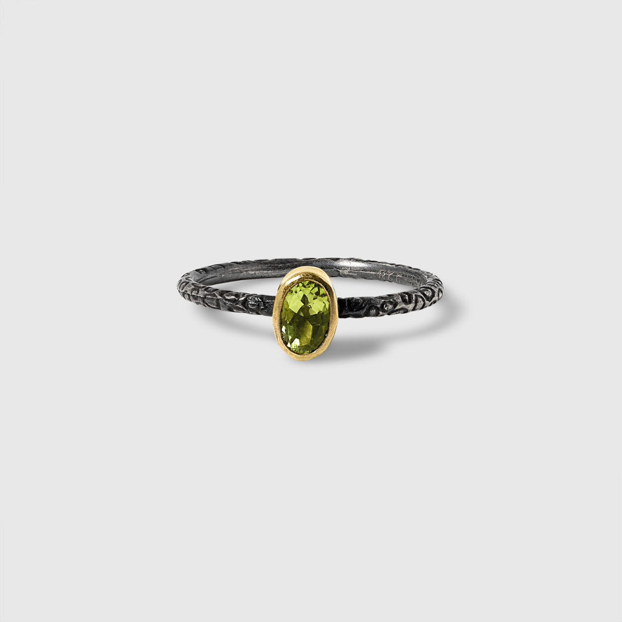 Prehistoric Works Bright Green, Oval Peridot Ring, 24kt Gold and Textured Sterling Silver Band 