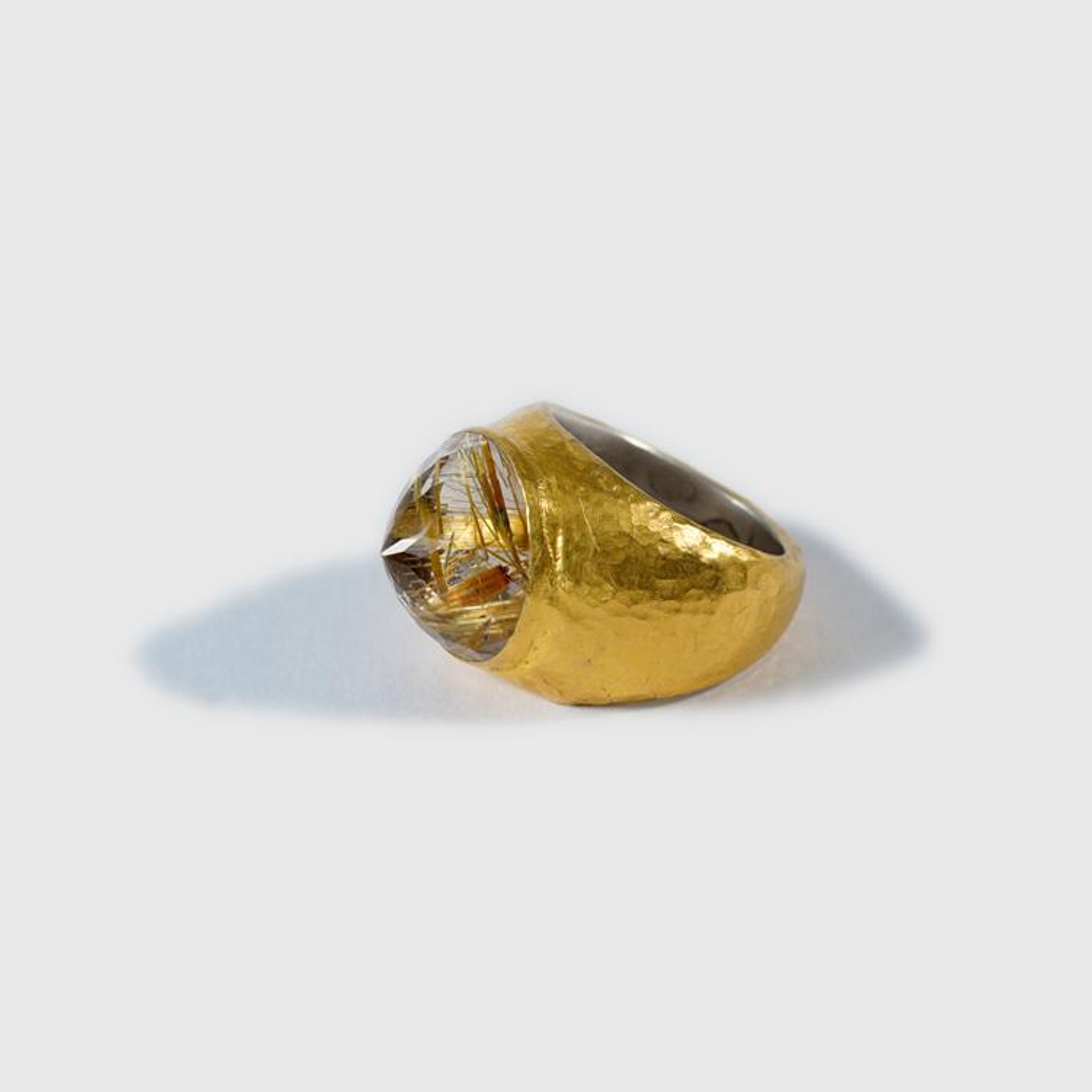 14ct Rutilated Quartz, Large Statement Cocktail Ring, Faceted Pointed Golden Quartz, 24K Gold and Silver, Handmade by Prehistoric Works of Istanbul, Turkey, Size 7 1/2 US Ring details: Rutilated Quartz - 14ct, 24K gold - 3.70 grams, Sterling silver - 9.20 grams - Size 7 1/2 US (In Stock)