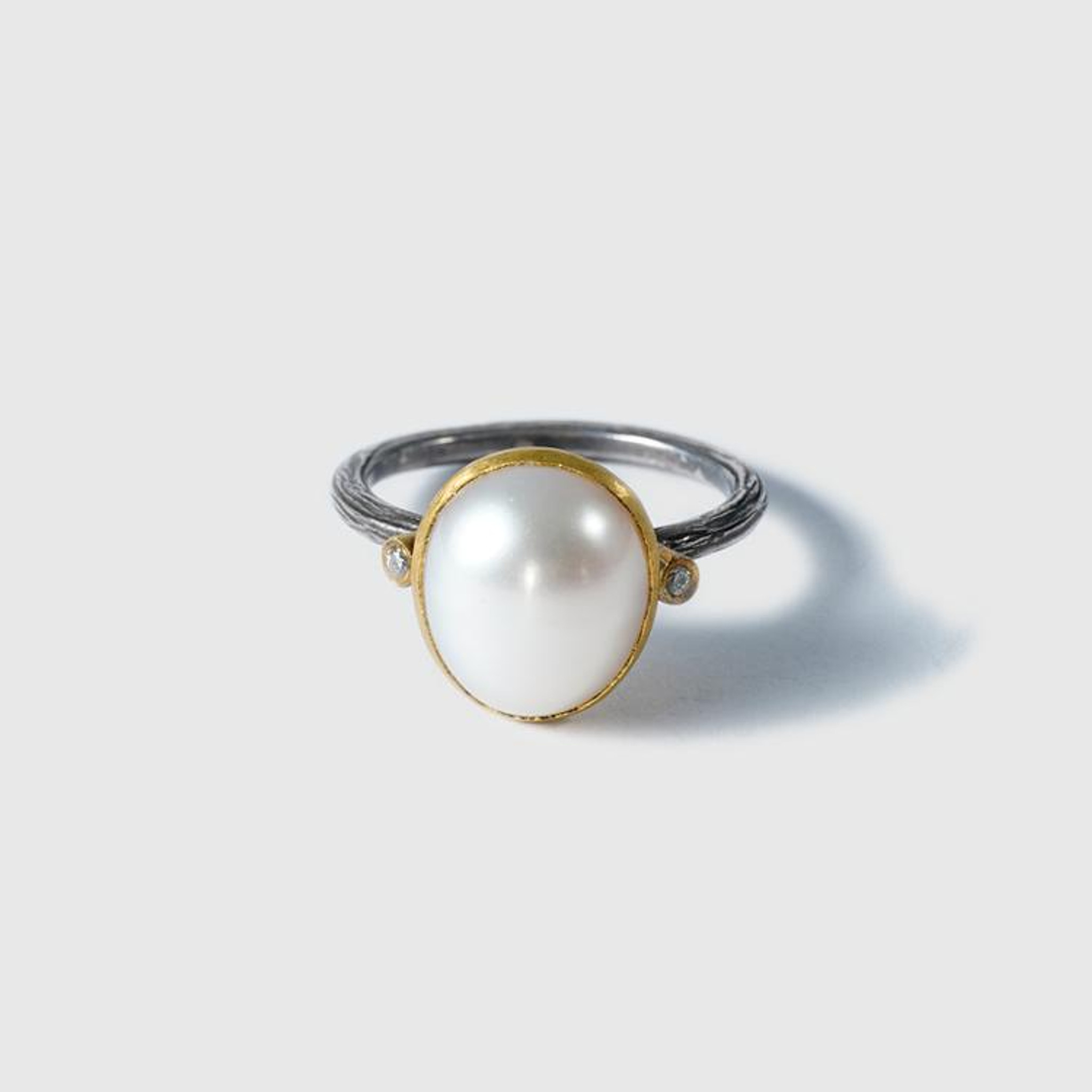 Prehistoric Works Domed Oval Pearl Ring with Two Diamonds, 24kt Gold and Silver 
