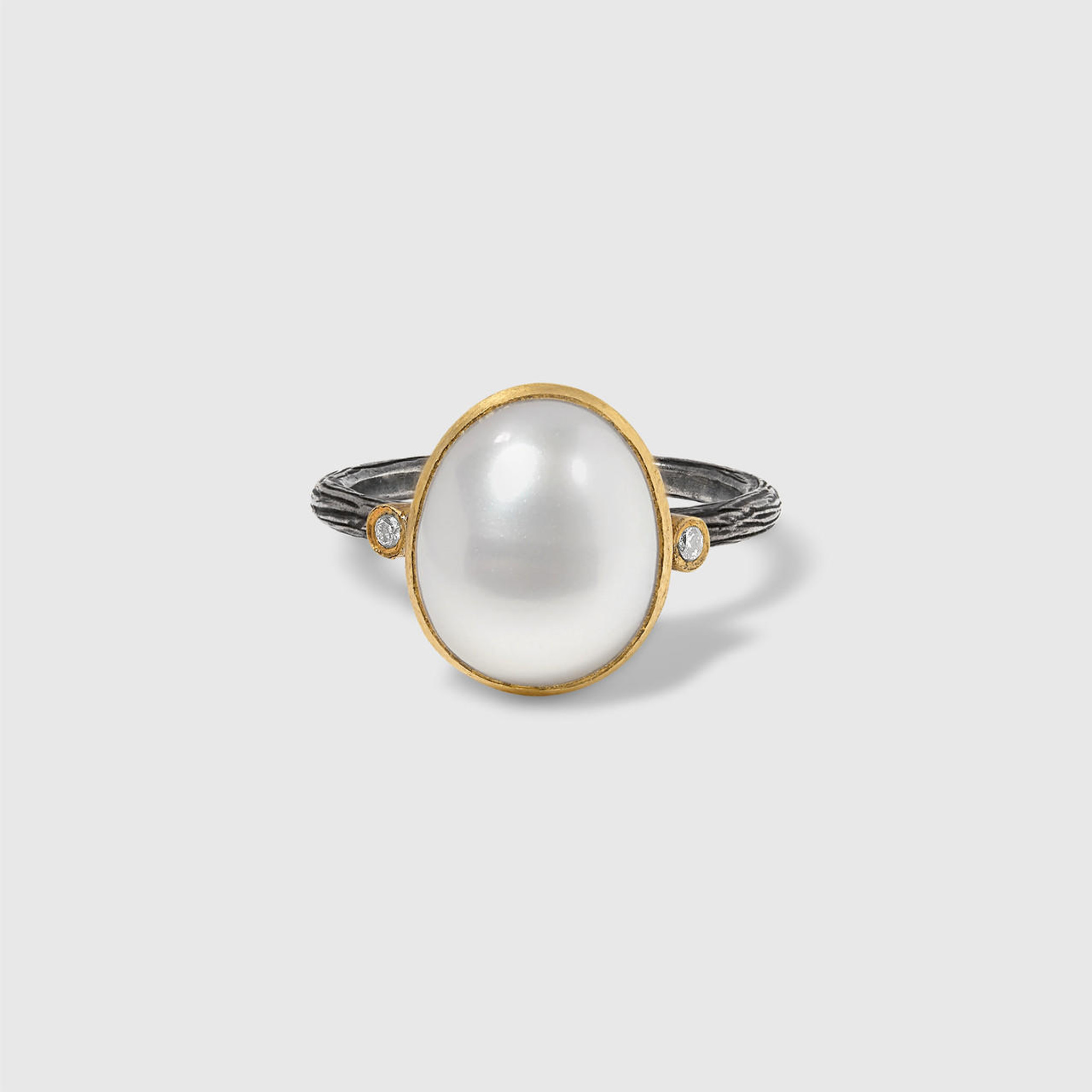 Prehistoric Works Domed Oval Pearl Ring with Two Diamonds, 24kt Gold and Silver 