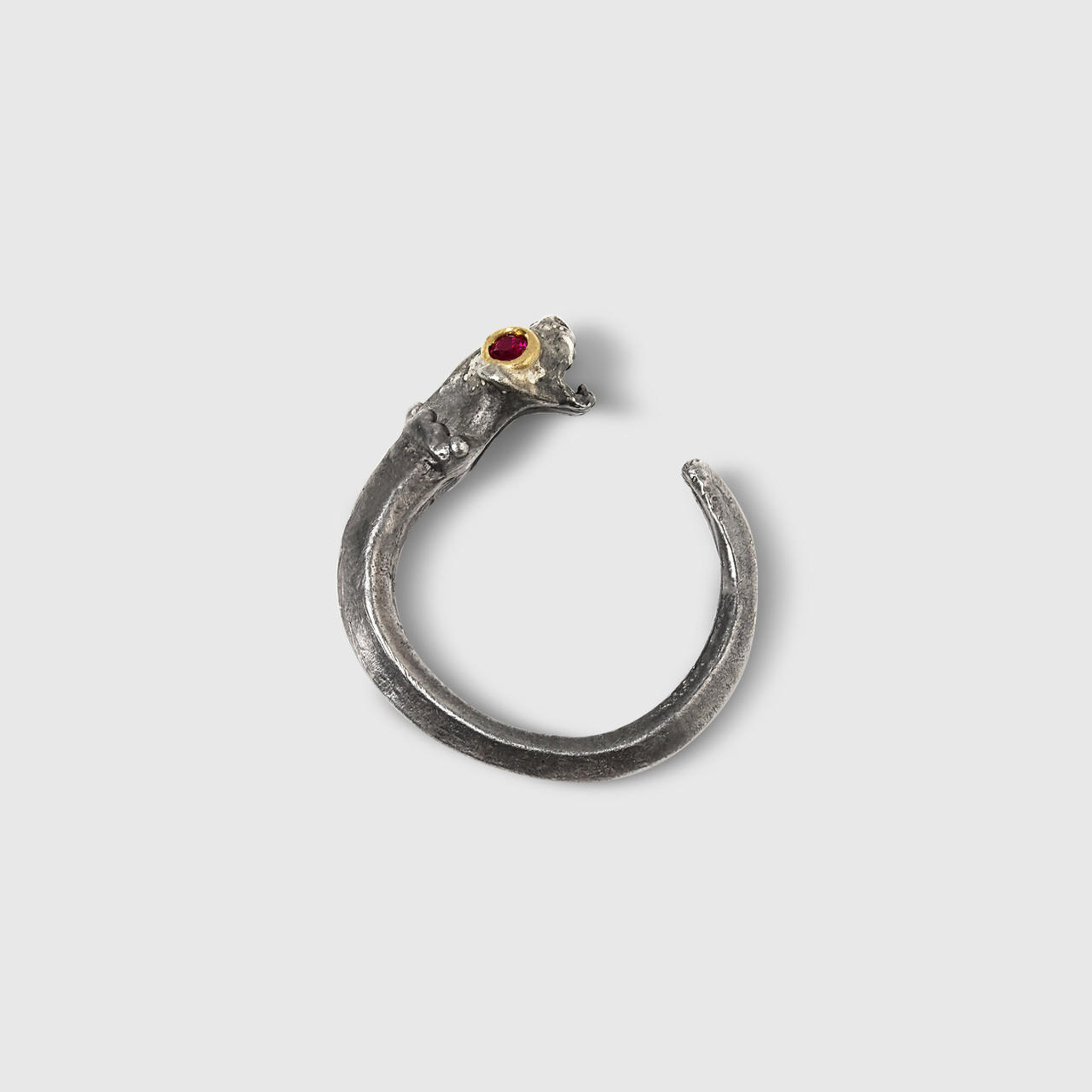 Prehistoric Works Sterling Lion Ring with Ruby Eyes and 24kt Gold Detail 