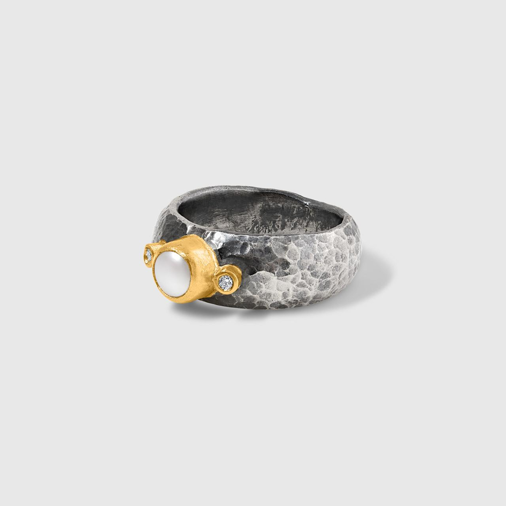 Prehistoric Works Hammered Silver Ring with Pearl and Diamonds, 24kt Gold and Sterling Silver 
