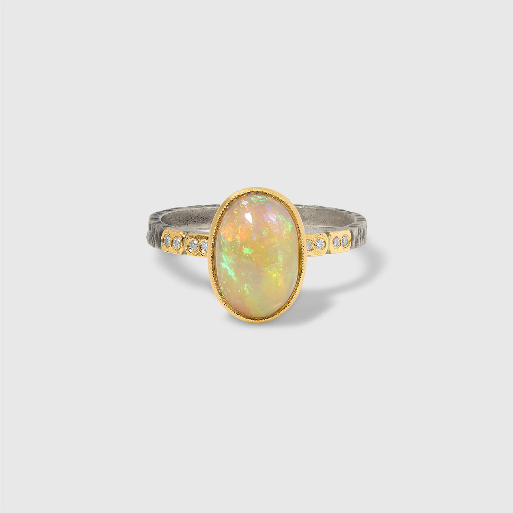 Prehistoric Works 2.02 ct Large, Stunning Opal Ring with Diamonds, 24kt Gold and Silver 