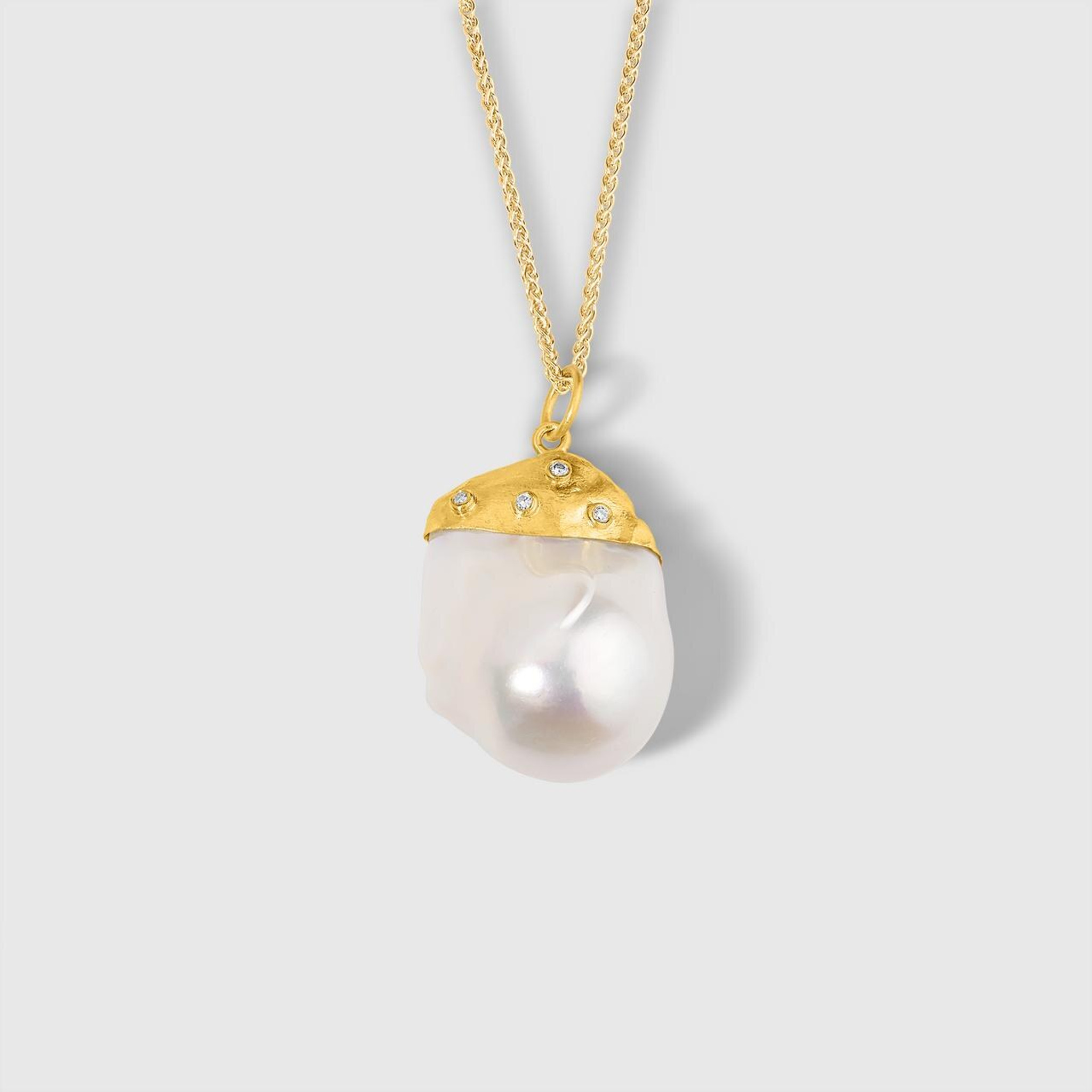 Prehistoric Works Large, 64ct Baroque Pearl Pendant Necklace with Diamonds, 24kt Solid Gold 