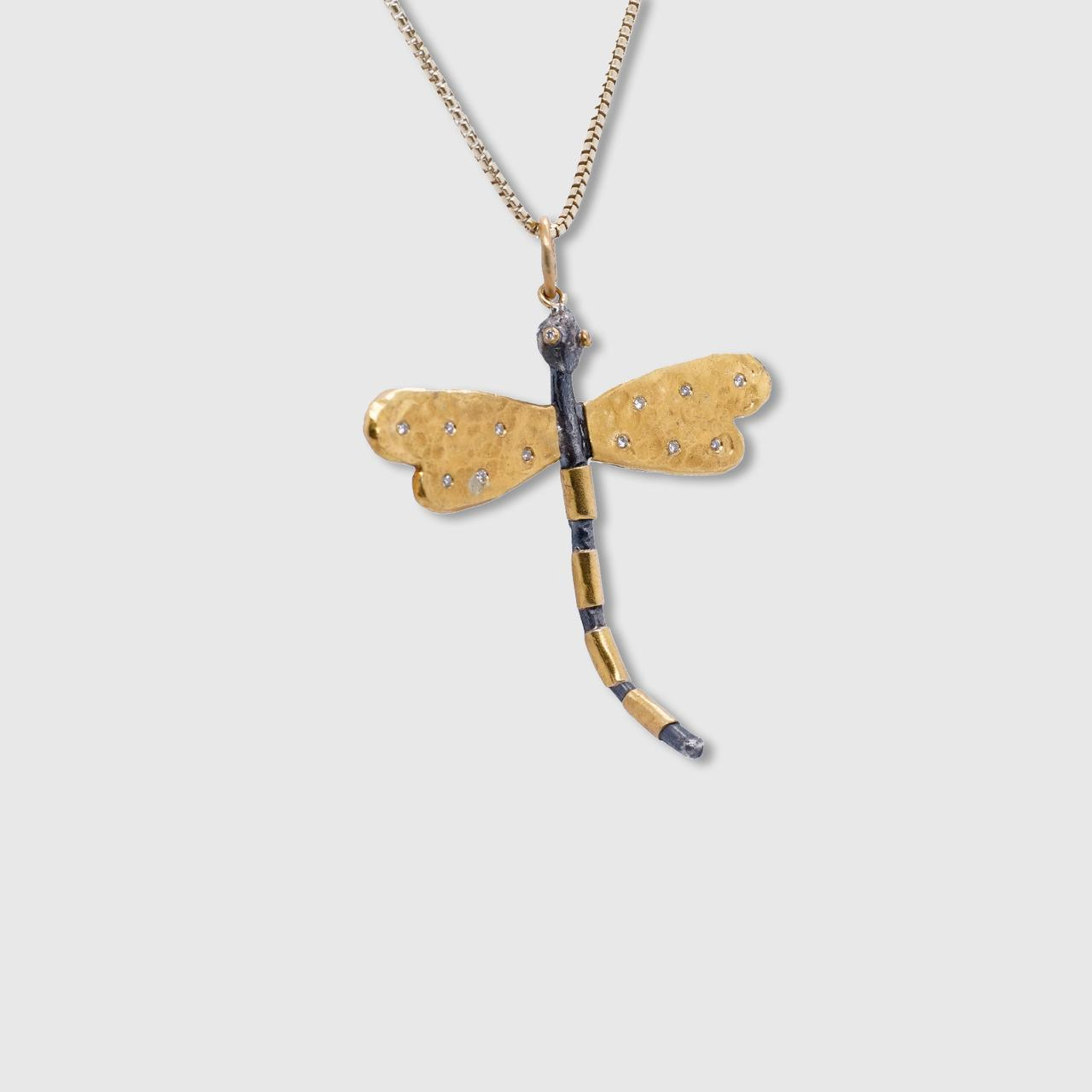 Prehistoric Works Large, Dragonfly Charm Pendant Necklace with Diamonds, 24kt Gold and Silver 