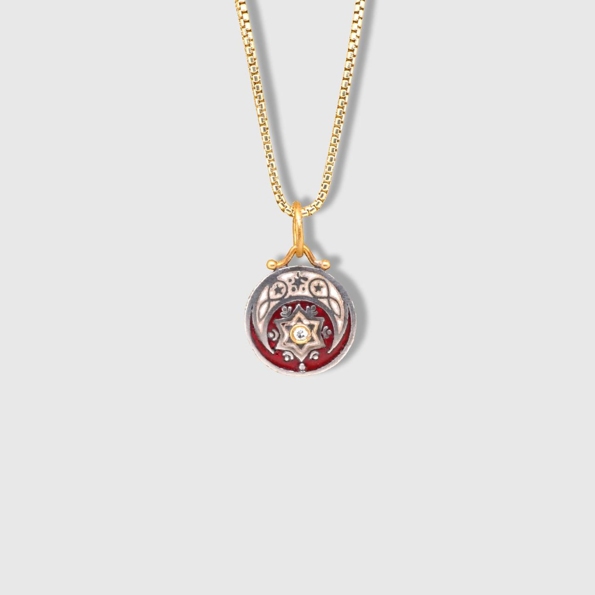 Moon and Star Enameled Pendant Charm in Red and Silver, Pendant Necklace with Diamond, 24kt Gold and Silver by Prehistoric Works of Istanbul, Turkey
