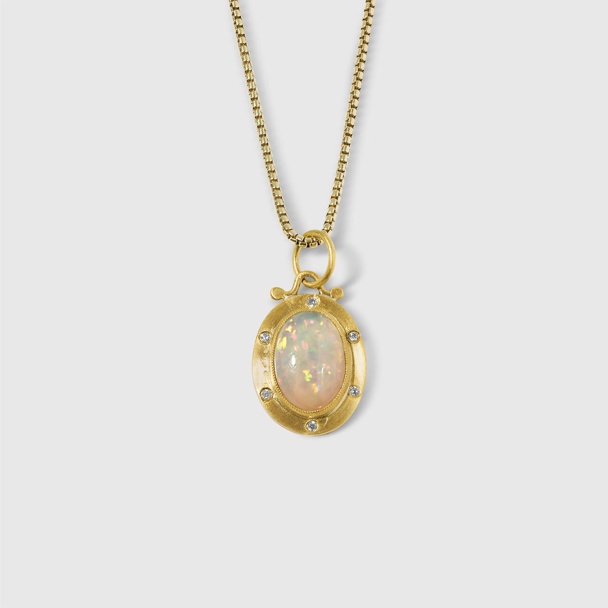 2.25ct Oval Opal Charm Pendant Necklace with Diamonds, 24kt Gold and Silver | elk & HAMMER Gallery