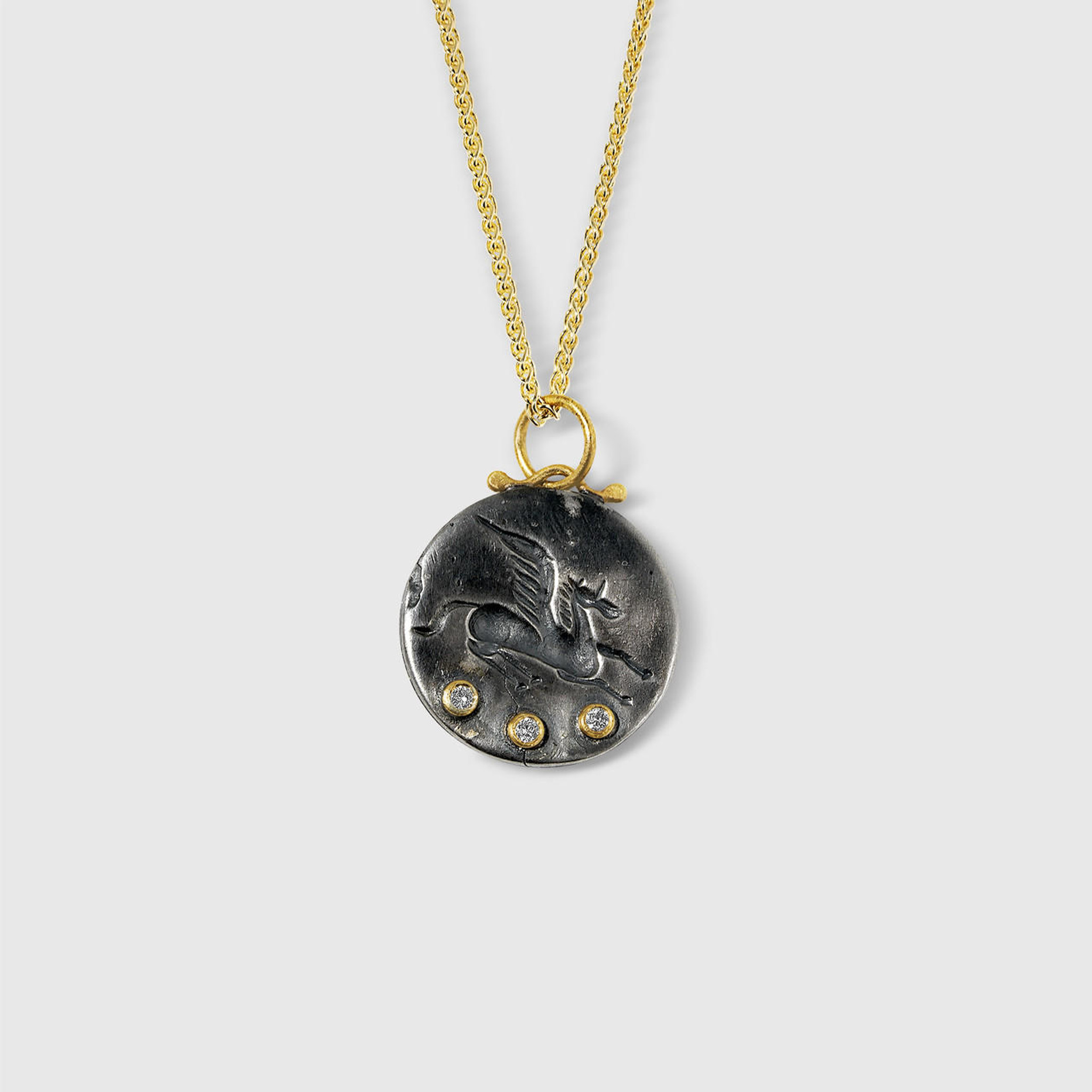 Prehistoric Works Medium Pegasus Coin Charm Amulet Pendant Necklace with Three Diamonds, 24kt Gold and Silver 