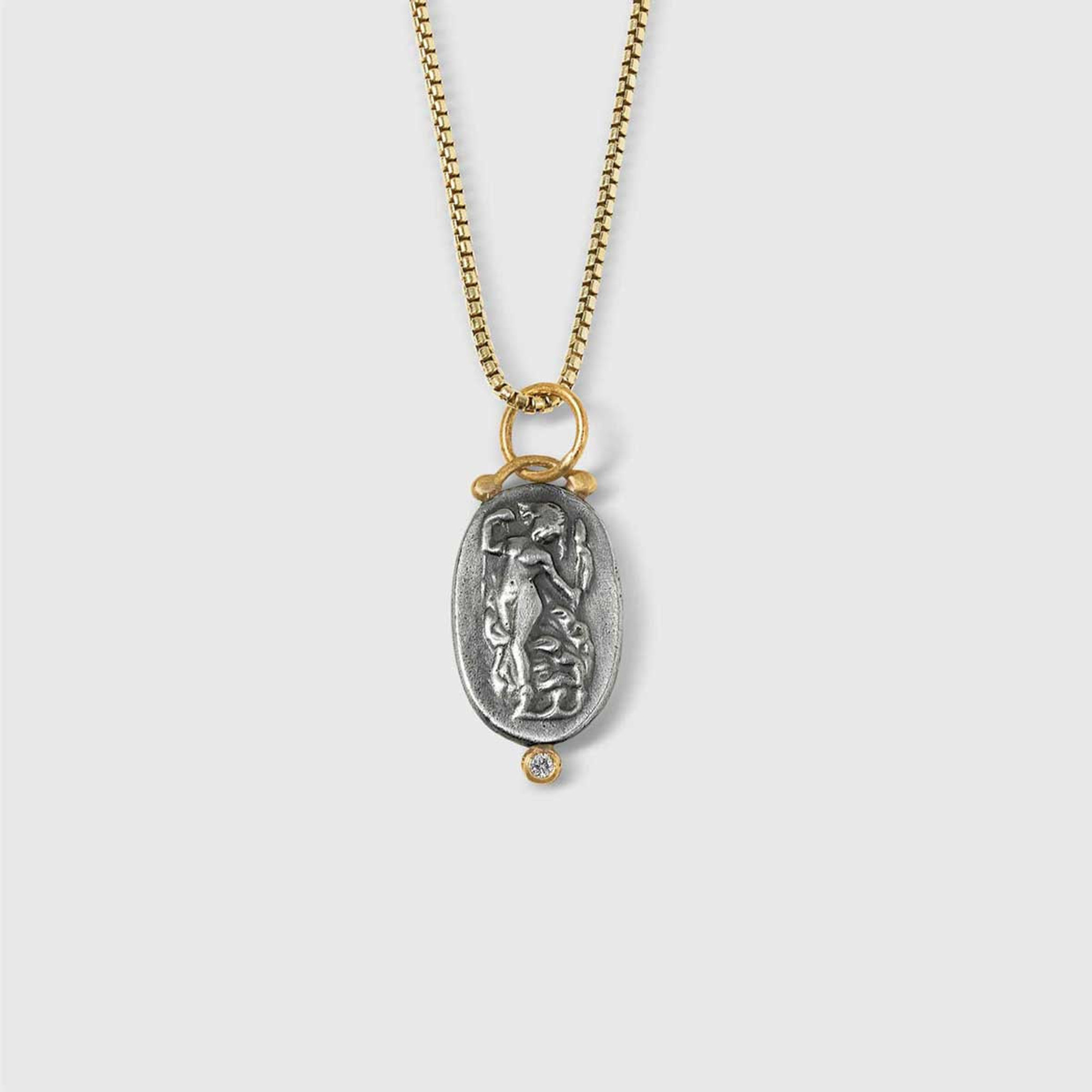 Prehistoric Works The Joy of Life, Roman Woman Intaglio, Coin Charm Amulet Pendant Necklace with Diamond, 24kt Gold and Silver 