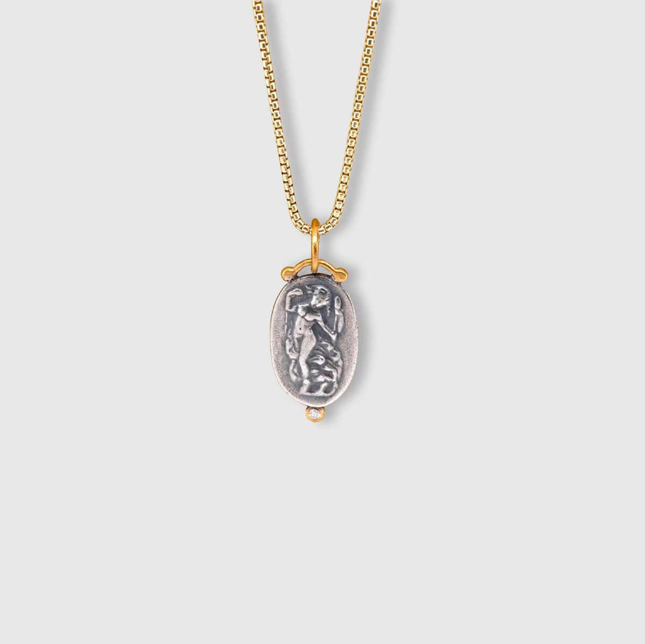 Prehistoric Works The Joy of Life, Roman Woman Intaglio, Coin Charm Amulet Pendant Necklace with Diamond, 24kt Gold and Silver 