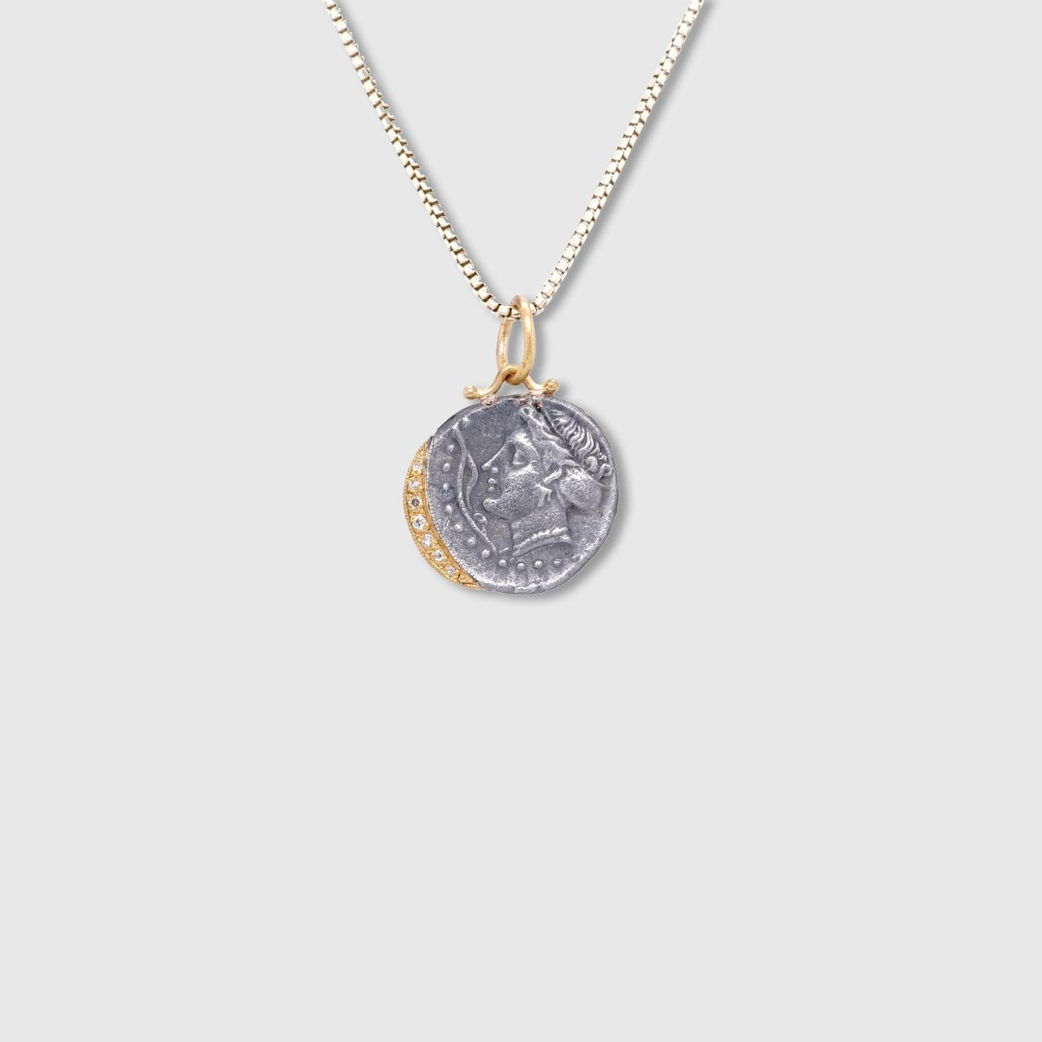 Prehistoric Works Water Nymph, Synope, Pendant Necklace Charm Coin Amulet with Diamonds, 24kt Gold and Silver 