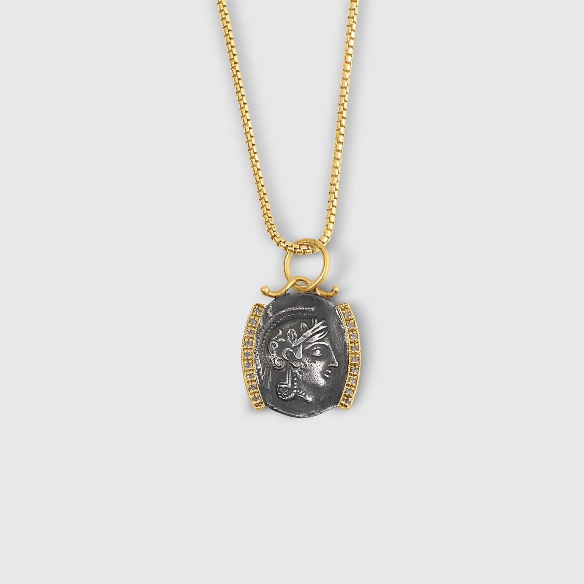 Diamond Framed Athena Coin (Replica) Charm Pendant - Goddess of Wisdom and War - Athen's Owl on Back Side, 24kt Gold, Silver & 0.06ct Diamonds