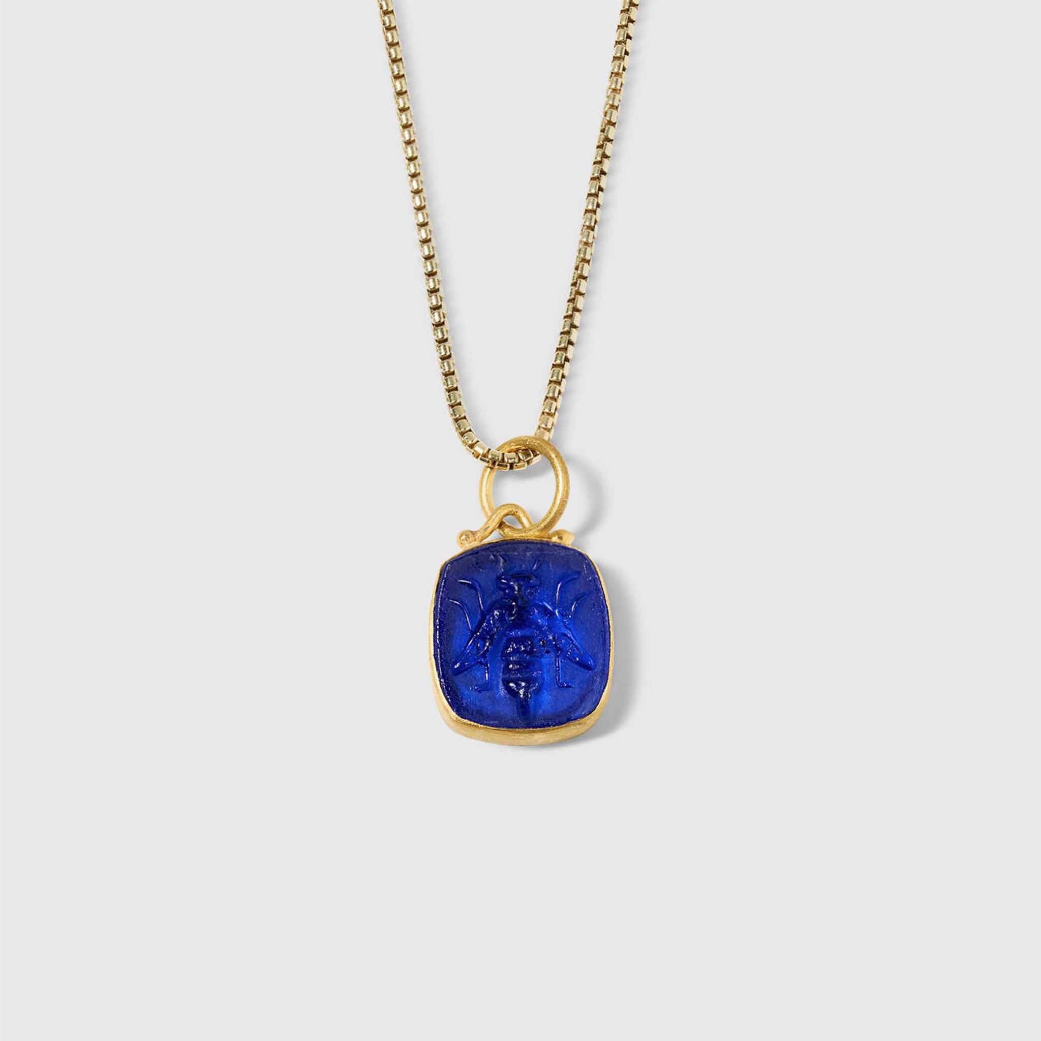 Prehistoric Works Blue Intaglio Bee Pendant, 24K Gold Framed Necklace 