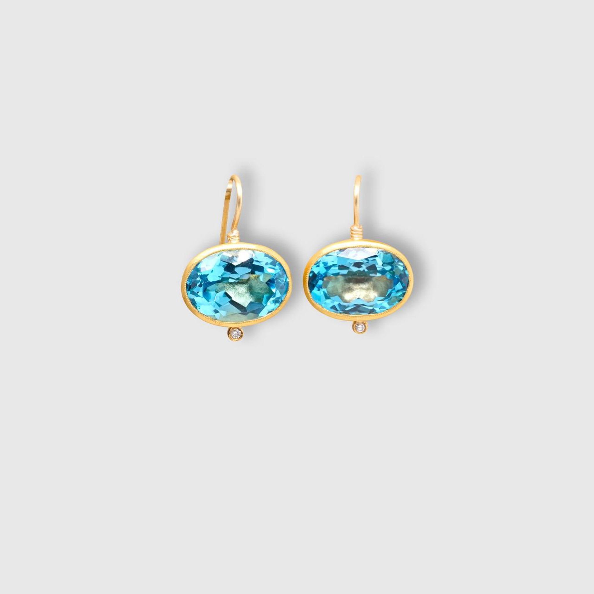 Prehistoric Works Large, 22.15 ct, Oval, Blue Topaz Earrings with Diamond Detail, in 24kt Solid Yellow Gold 