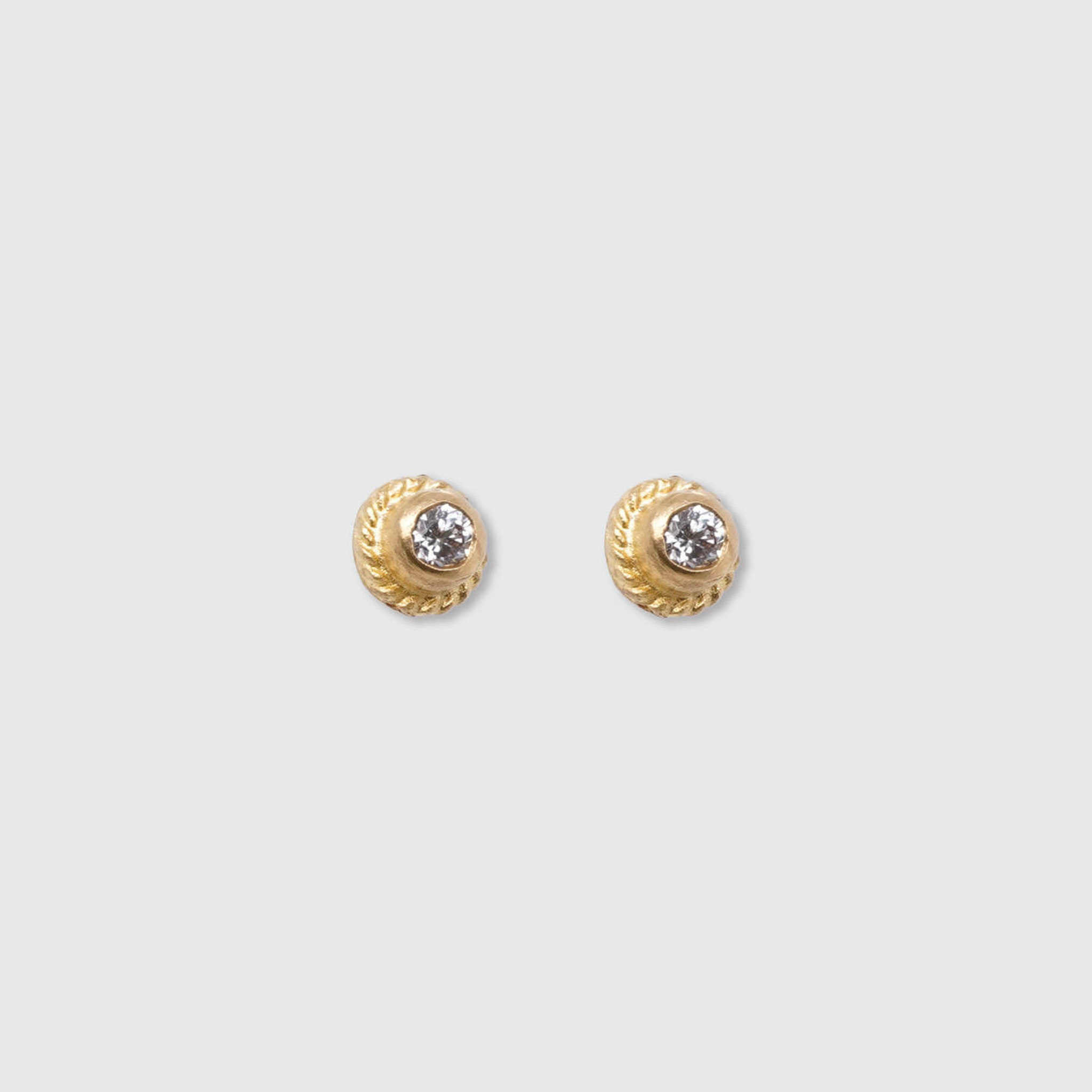 Prehistoric Works Textured Circle Stud Earrings with Diamonds, 24kt Solid Yellow Gold 