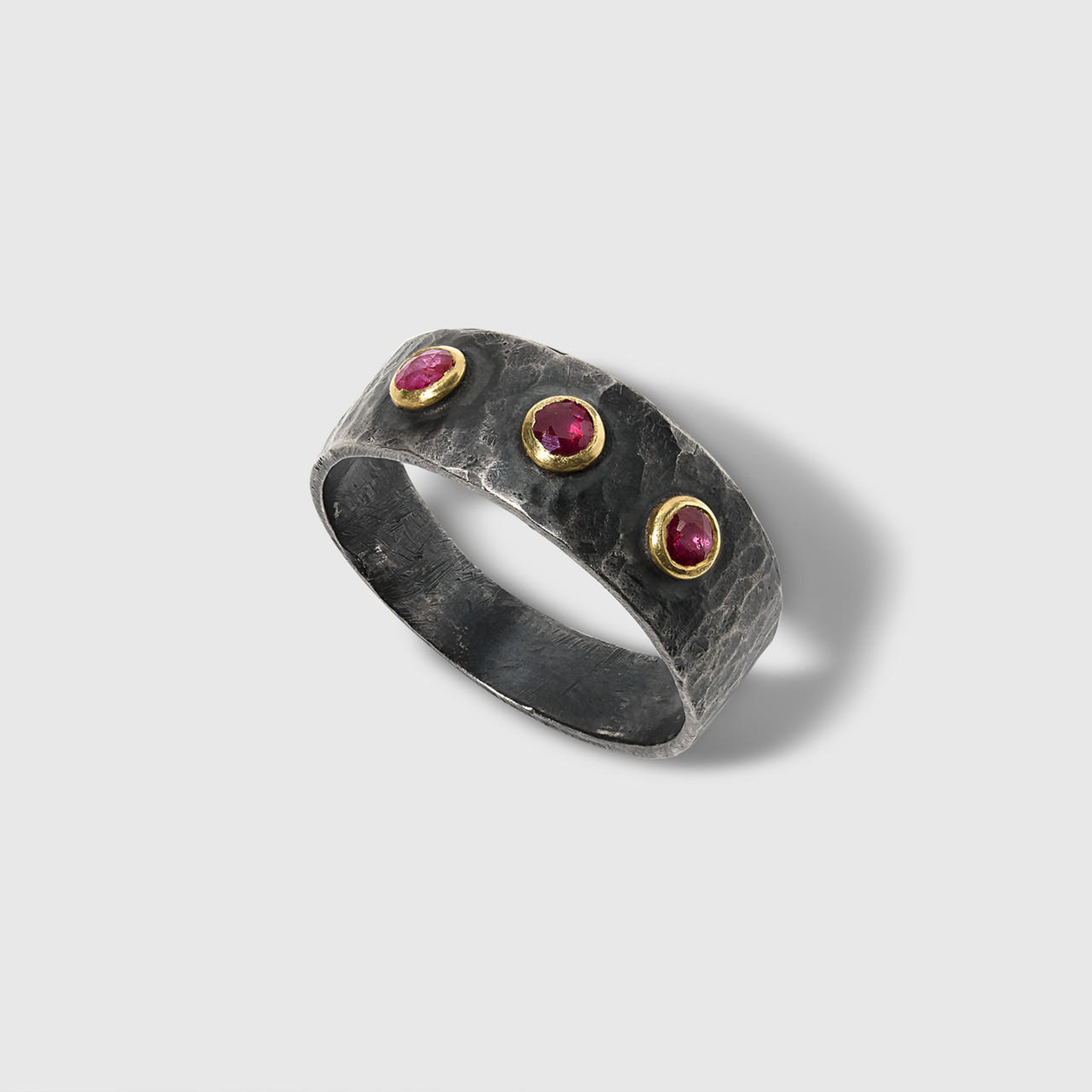 Prehistoric Works Triple Ruby Ring, Set in 24kt Gold and Sterling Silver 