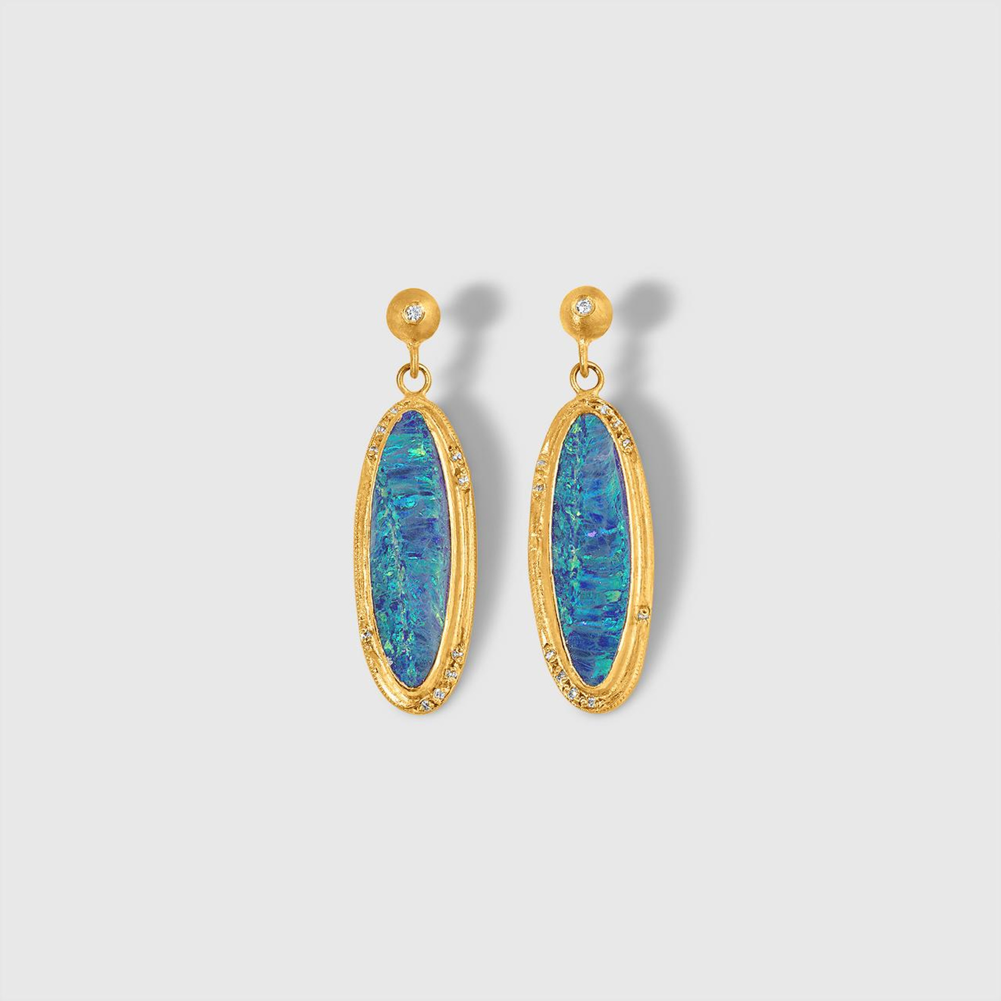 Kurtulan Long, Oval Doublet Opal Post Earrings with Diamonds, 24kt Solid Yellow Gold 