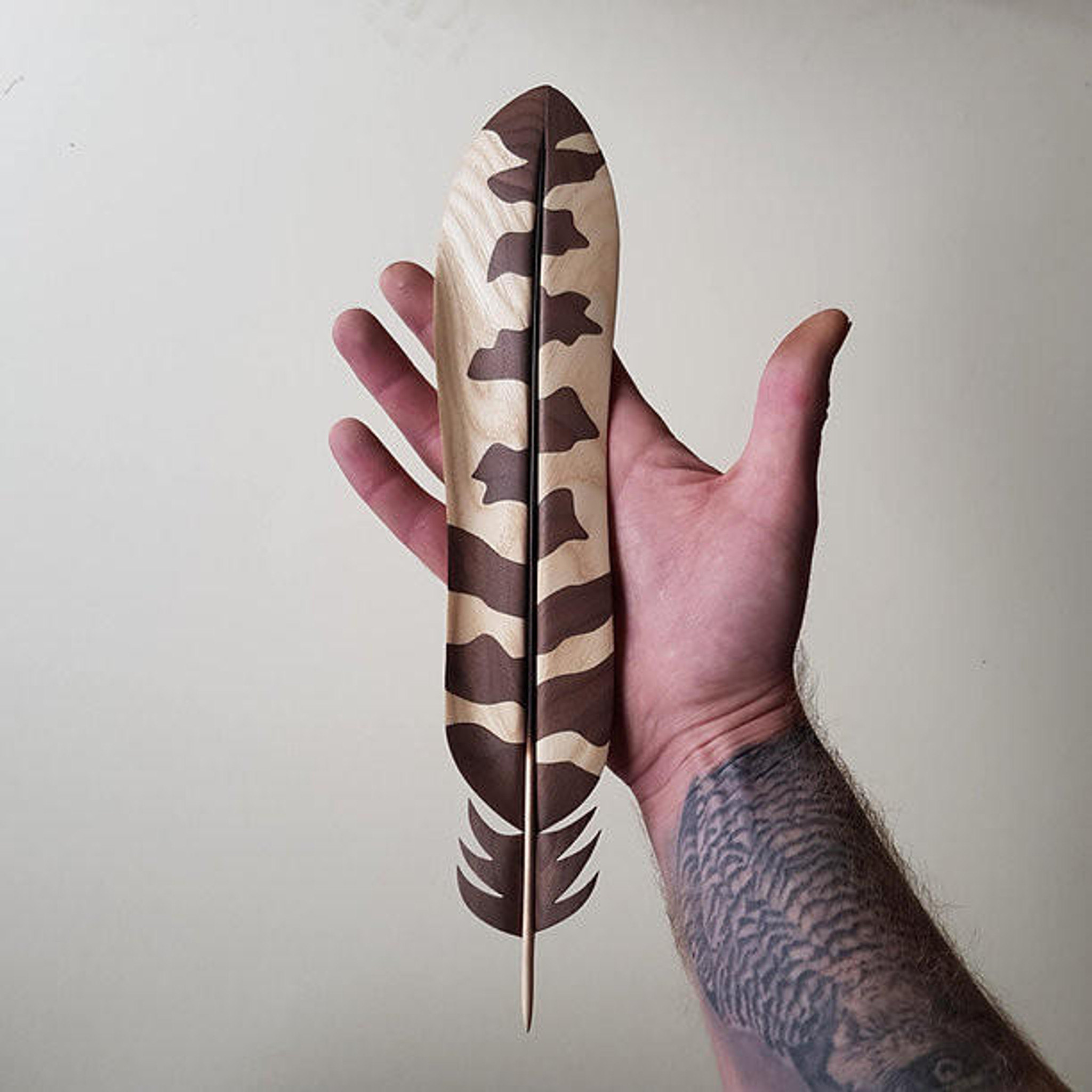 Great Grey Owl Tail Feather, Wood Sculpture, Intarsia, by T.A.G. Smith (Tom Smith) of the UK | available in the elk & HAMMER Gallery of Bozeman, Montana, curated by Ashley Childs