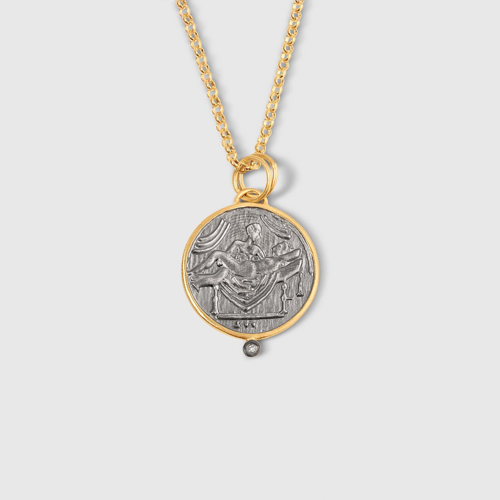 XII Pompei Coin with Diamonds, 24kt Yellow Gold and Silver, Size Large, Diamonds: 0.02ct, Colour: H Clarity: VS2