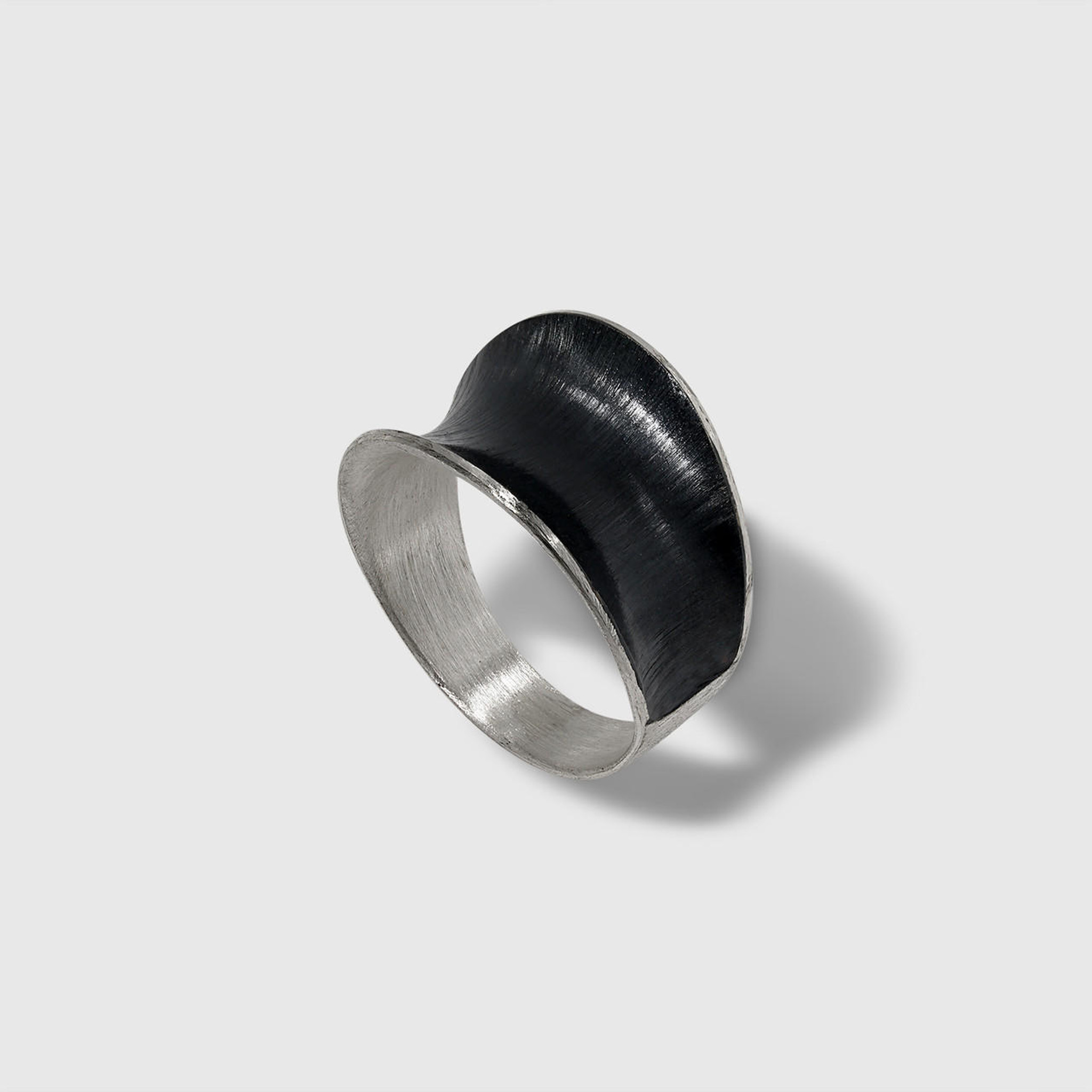 Mysterium Collection Oxidized Sterling Silver, Matte Finish Concave Ring, handmade in Poland, sterling silver, stainless steel, diamond detail  | elk & HAMMER