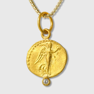 Prehistoric Works Ancient, Nike Charm Coin (Replica) Pendant with 0.02ct Diamond, 24kt Solid Gold 