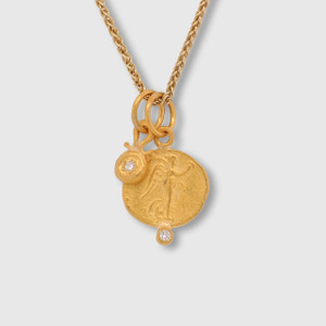 Prehistoric Works Ancient, Nike Charm Coin (Replica) Pendant with 0.02ct Diamond, 24kt Solid Gold 