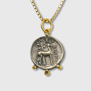 Prehistoric Works Ancient, Ephesus, Queen Bee, Tetra Drachm, Charm Coin (Replica) Pendant, 24kt Gold, Silver & 0.02ct Dia 