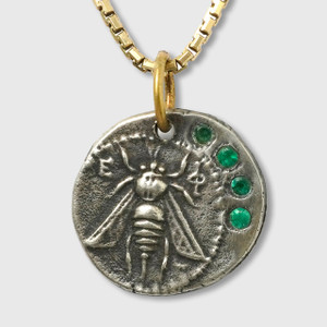 Prehistoric Works Ephesus, Queen Bee, Tetra Drachm, Ancient Charm Coin (Replica) Pendant, 24kt Gold, Silver & 0.10ct Emeralds 