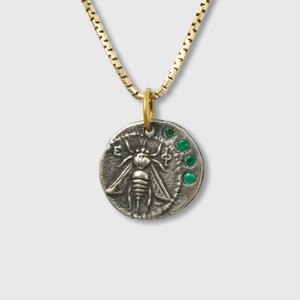 Prehistoric Works Ephesus, Queen Bee, Tetra Drachm, Ancient Charm Coin (Replica) Pendant, 24kt Gold, Silver & 0.10ct Emeralds 