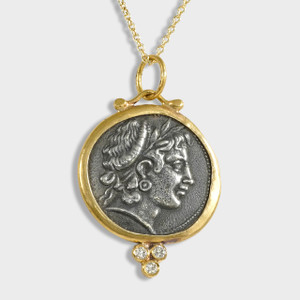 Prehistoric Works 24K Gold-Framed Ancient Harvest Goddess, Demeter, Tetradrachm Coin (Replica) Charm Pendant, 24kt Gold, Silver & 0.09ct Diamonds 