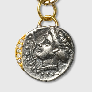 Prehistoric Works Ancient, Sinope - Water Nymph - Tetradrachm Coin (Replica) Charm Pendant, 24kt Gold, Silver & 0.04ct Diamonds 