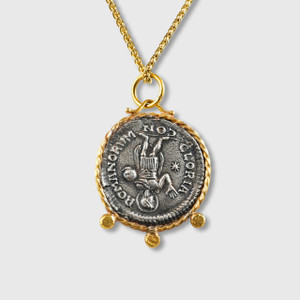 Prehistoric Works Gold-Framed Ancient Gloria Romanorum (Glory of the Romans), Tetradrachm Coin (Replica) Charm Pendant, 24kt Gold, Silver & 0.06ct Diamonds 