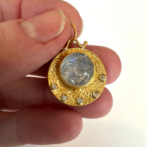 Prehistoric Works 24kt Yellow Gold Moon Stone - Moon Face - Charm Pendant with 0.10ct Diamonds & Silver 