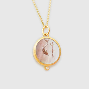 Prehistoric Works Poseidon, Arrow & Dolphin Intaglio Charm Pendant Necklace - 24kt Yellow Gold, Mother of Pearl with Diamond & Silver 