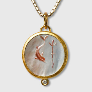 Prehistoric Works Poseidon, Arrow & Dolphin Intaglio Charm Pendant Necklace - 24kt Yellow Gold, Mother of Pearl with Diamond & Silver 