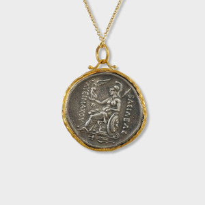 Prehistoric Works Alexander the Great, Charm Pendant, Tetradrachm (Coin Replica) 24kt Gold, Silver & 0.01ct Diamonds 