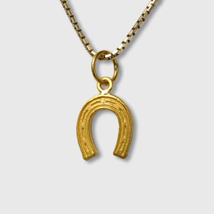 Prehistoric Works Lucky Horse Shoe Charm Pendant, Solid 24K Gold and 0.02ct Diamond 