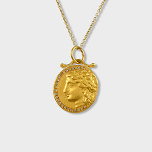 Prehistoric Works Ancient Greek Goddess, Coin (Replica) Tetradrachm Charm Pendant, 24kt Solid Yellow Gold & 0.09ct Diamonds 