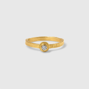 Prehistoric Works Solid, 24K Yellow Gold Stacker Ring, Hammered Textured Gold Band with Diamond Detail 