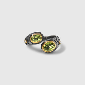 Double Peridot Ring with Diamonds, Filigree Sterling Silver, and 24kt Gold Bezels Prehistoric Works elk & HAMMER