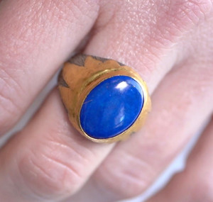 Prehistoric Works Blue Lapis Lazuli Ring, Oval Lapis, 24K Gold and Silver Texture 