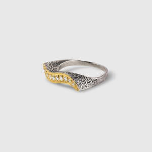 Prehistoric Works Diamond Curved Wave Ring with 24kt Gold and Textured Silver 